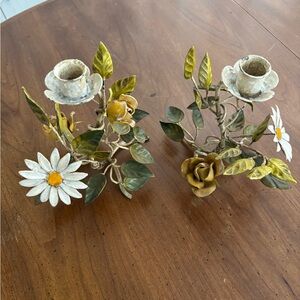 Vintage Toleware Floral Candle Holders with White Daisy and Yellow Rose